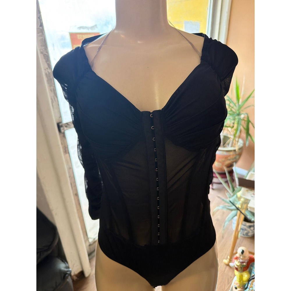 Madrag Black Mesh Corset Bodysuit Hook Eye Ruched Long Sleeve Sweetheart Large